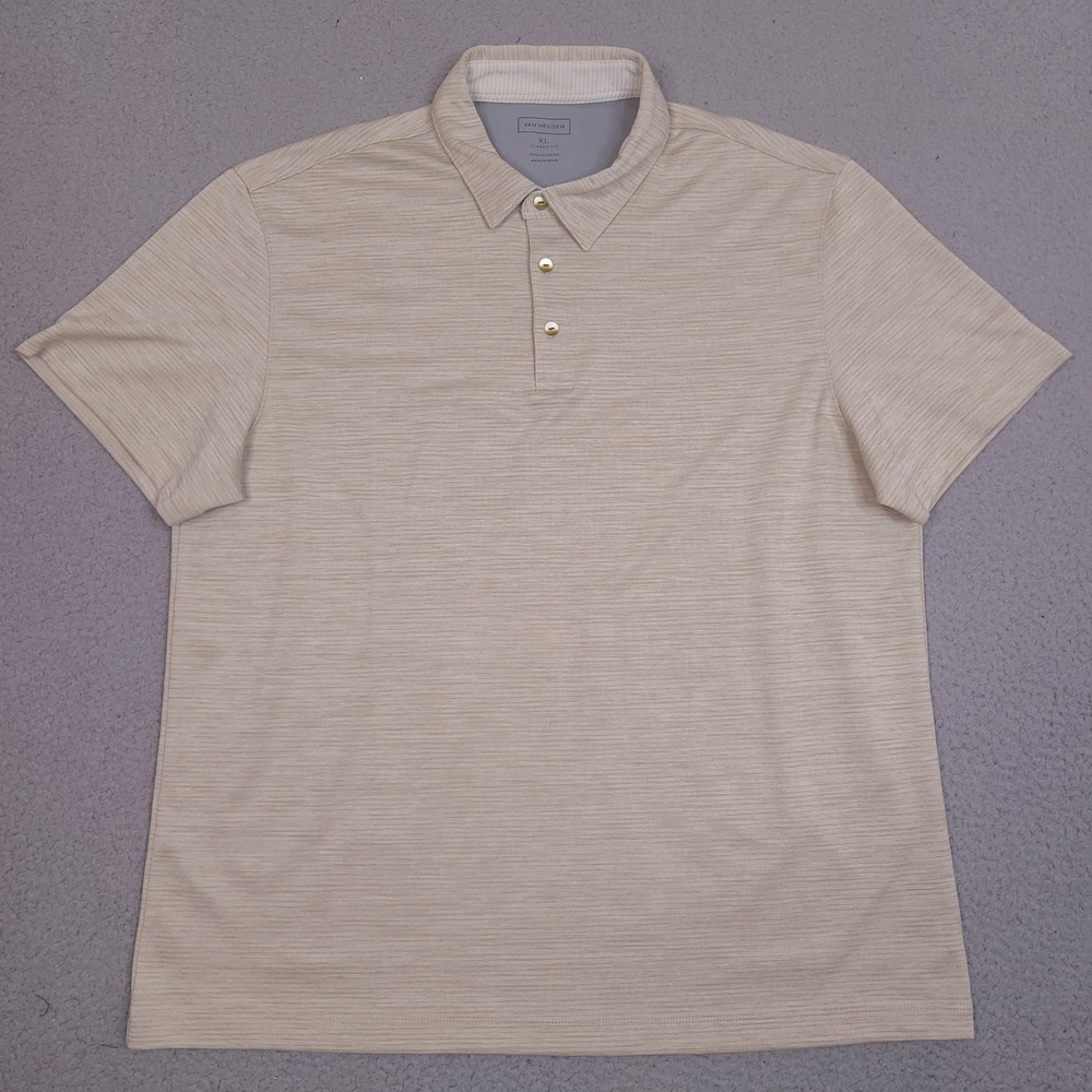 Van Heusen Mens XL Classic‎ Fit Polo Shirt Short Sleeve Beige Brown Striped Golf